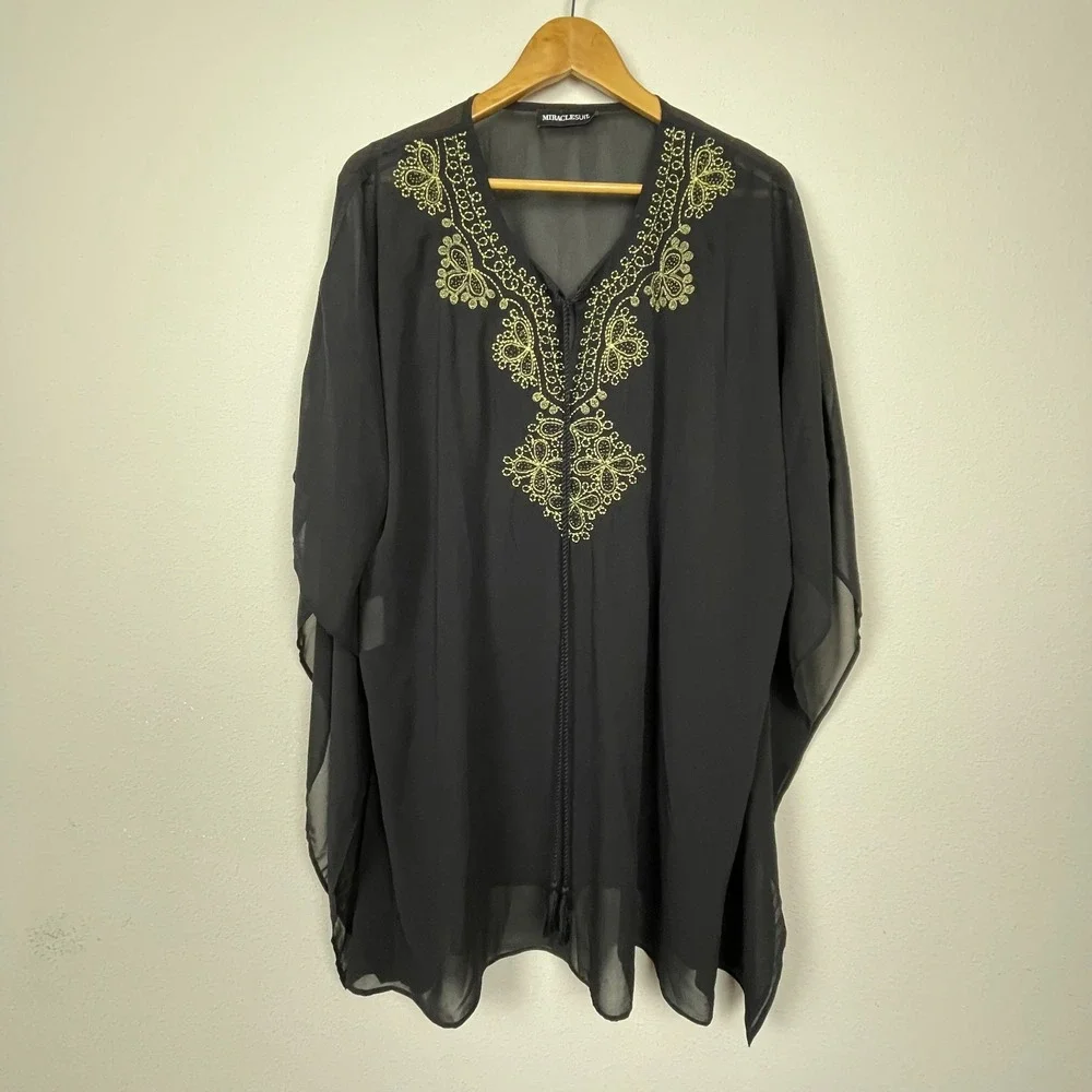 Miraclesuit Black‎ Sheer Boho Cover-Up Tassels Embroidered Size S Oversized
